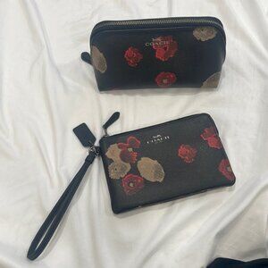 COACH BLACK FLORAL WRISTLET AND POUCH SET